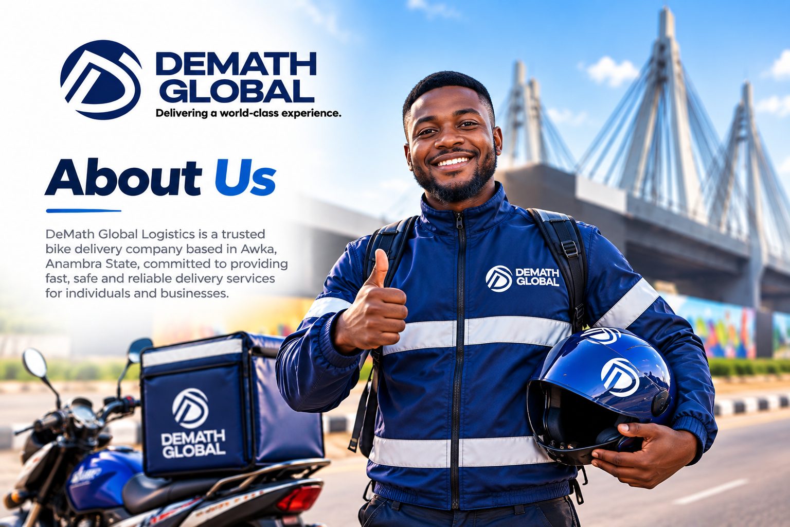 A smiling Demath Global Logistics rider in a branded jacket giving a thumbs up, holding his helmet beside a delivery motorcycle in Awka. Demath Global Logistics is a trusted bike delivery company in Awka, Anambra State, providing fast, safe and reliable delivery for individuals and businesses.